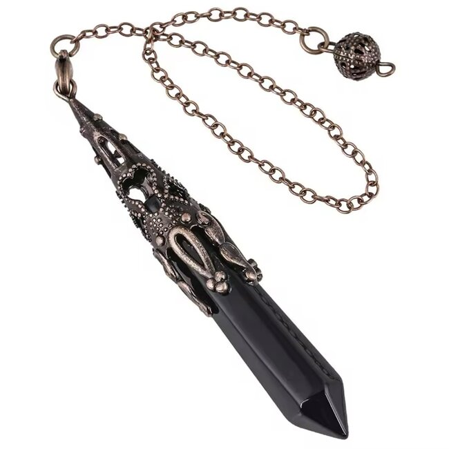 Black Agate Pendulum - Faceted Point (Antique Bronze) Boho Vintage