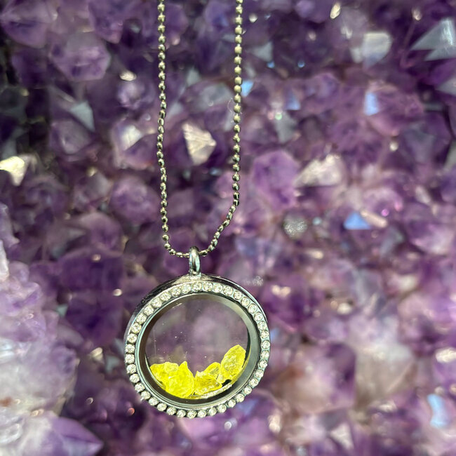 Sulphur Crystal Chips inside Silver Locket (18-24") Rhinestone Necklace-Adjustable  Magnetic Beaded Chain Pendant Charm