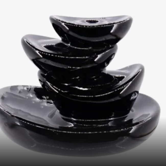 Backflow Reverse Flow Incense Cone Burner - (Good Fortune) Waterfall Black Ceramic 4" x 5"