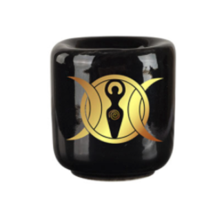 Mini Magic Ritual Candle Holder Black Triple Moon Goddess 1" Ceramic - Chime Spell