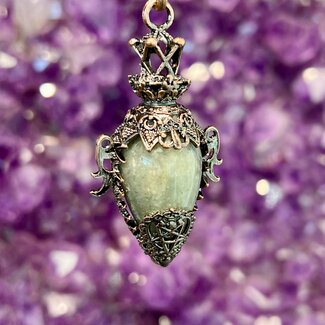 Labradorite Pendulums - Faceted Oval with Pentagram Star within Heart (Antique Bronze) Boho Vintage Crown