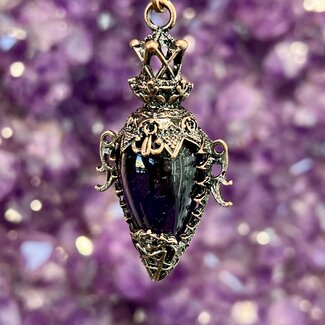Amethyst Pendulums - Faceted Oval with Pentagram Star within Heart (Antique Bronze) Boho Vintage Crown