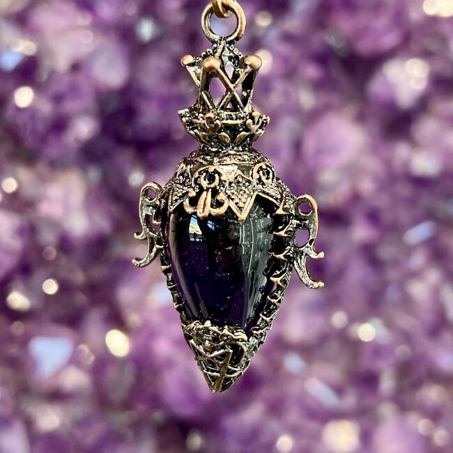 Amethyst Pendulums - Faceted Oval with Pentagram Star within Heart (Antique Bronze) Boho Vintage Crown