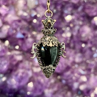 Black Obsidian Pendulums - Faceted Oval with Pentagram Star within Heart (Antique Bronze) Boho Vintage Crown