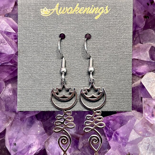 Unalome Lotus Flower Crescent Moon Dangle Earrings - Stainless Steel