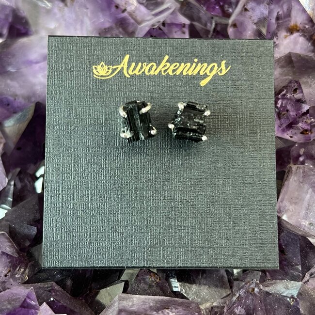 Black Tourmaline Earrings - Studs Rough Raw Natural - Prong Claw Set Sterling Silver Large