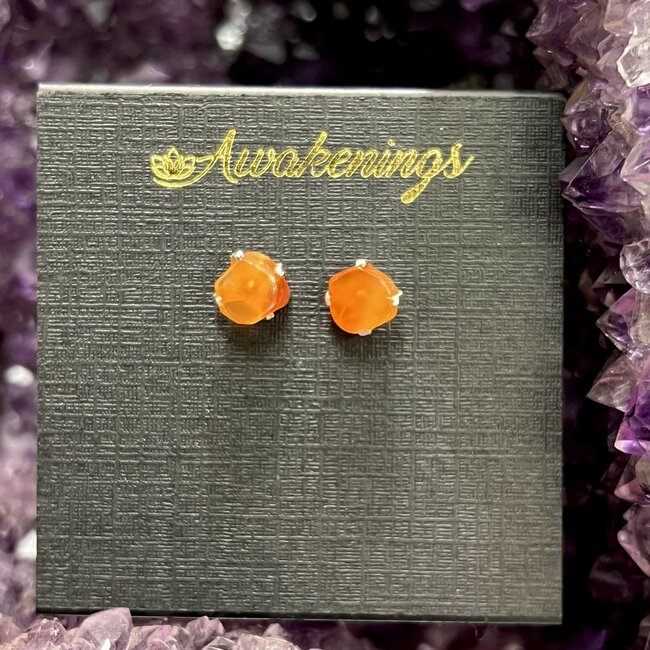 Carnelian Earrings - Studs (Polished Flat Front) Rough Raw Natural - Sterling Silver