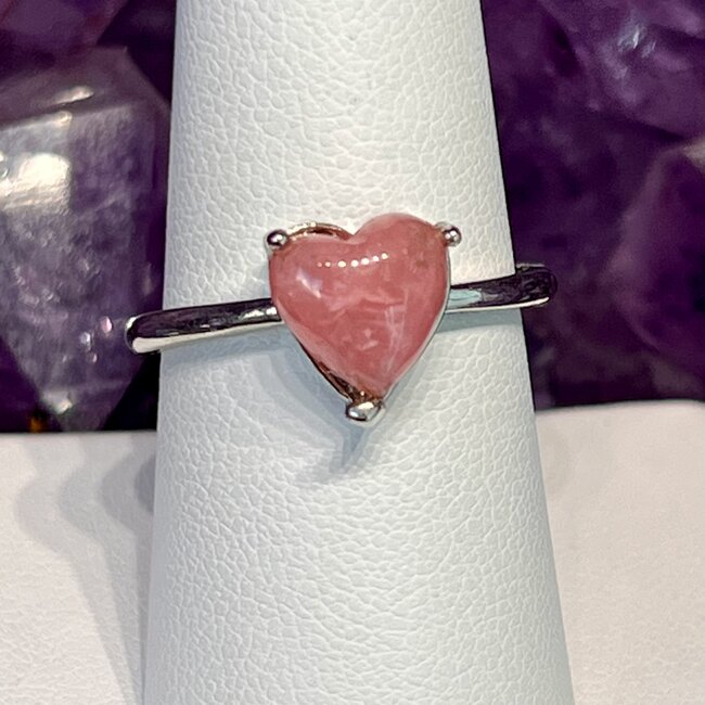 Rhodochrosite Rings - Adjustable Heart - Prong Claw Set - Silver (Plated)