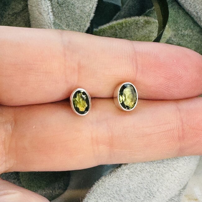 Moldavite Earrings - Oval (Small) Faceted Bezel Set - Sterling Silver