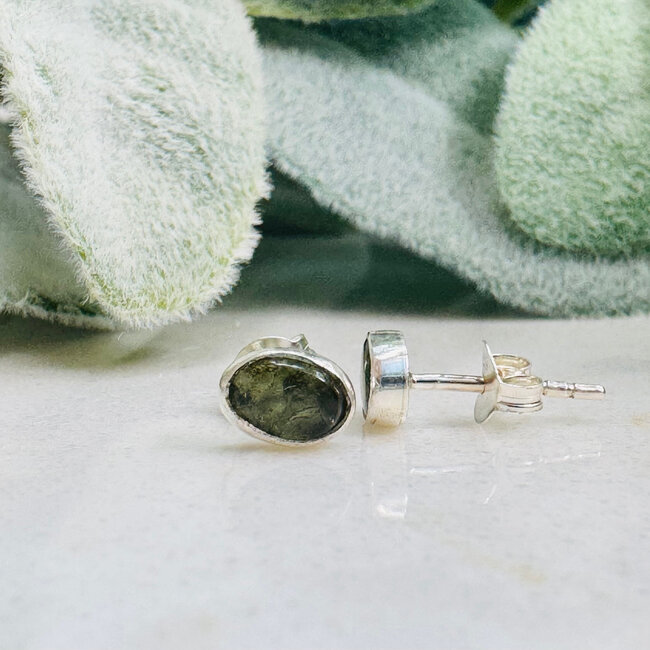 Moldavite Earrings - Oval Stud Bezel Set - Sterling Silver