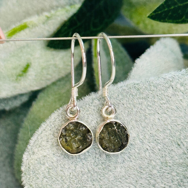 Moldavite Earrings - Round Drop Rough (Small) Dangle Bezel Set - Sterling Silver Raw Natural