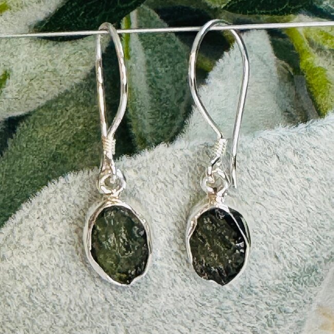 Moldavite Earrings - Oval Drop Rough (Small) Dangle Bezel Set - Sterling Silver Raw Natural