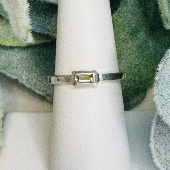 Moldavite Rings - Size 8 Faceted Rectangle (Emerald Cut) Simple Bezel Set - Sterling Silver .925