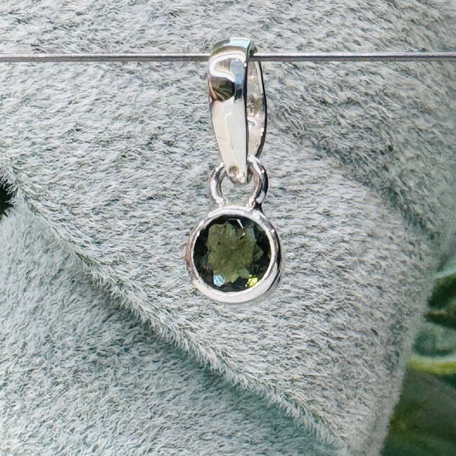 Moldavite Pendants - Round (Small) Faceted Bezel Set - Sterling Silver