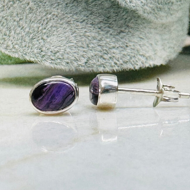 Sugilite Earrings - Oval (Small) Stud Bezel Set - Sterling Silver