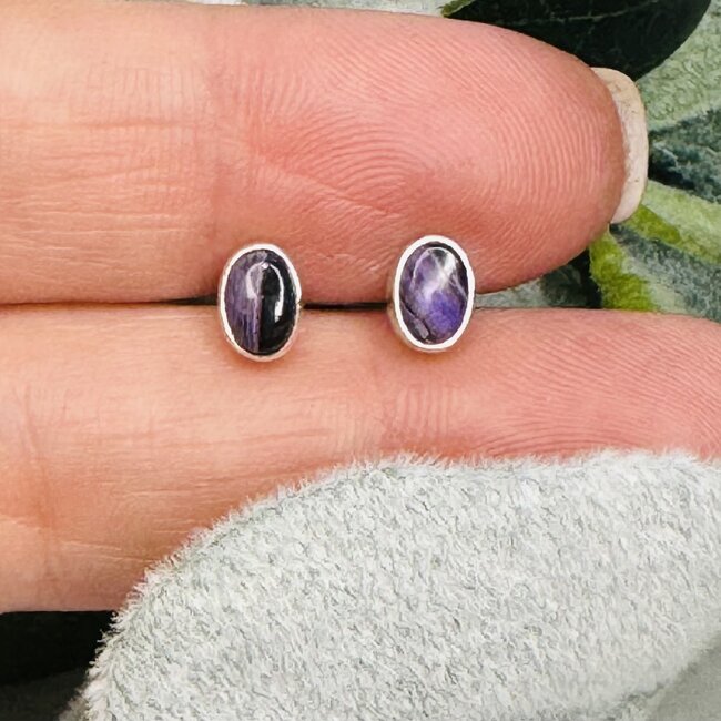 Sugilite Earrings - Oval (Small) Stud Bezel Set - Sterling Silver