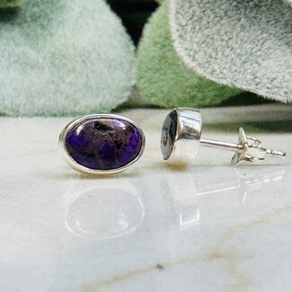 Sugilite Earrings - Oval (Large) Stud Bezel Set - Sterling Silver