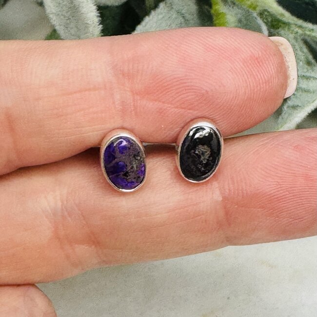 Sugilite Earrings - Oval (Large) Stud Bezel Set - Sterling Silver