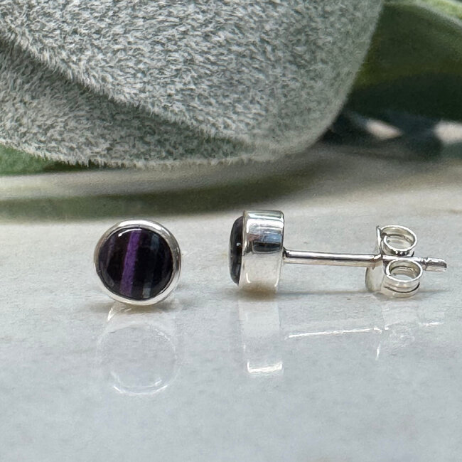 Sugilite Earrings - Round Stud Bezel Set - Sterling Silver