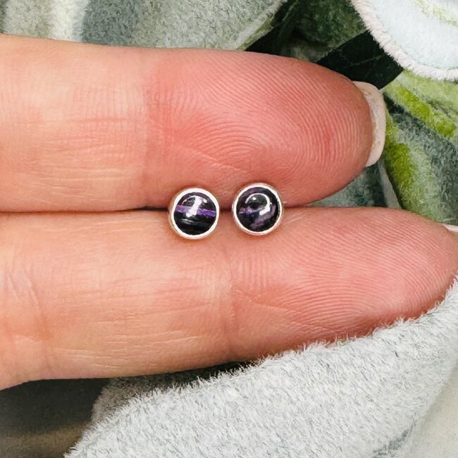 Sugilite Earrings - Round Stud Bezel Set - Sterling Silver