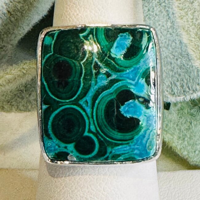 Malachite & Azurite Rings - Rectangle Adjustable Bezel Set - Sterling Silver