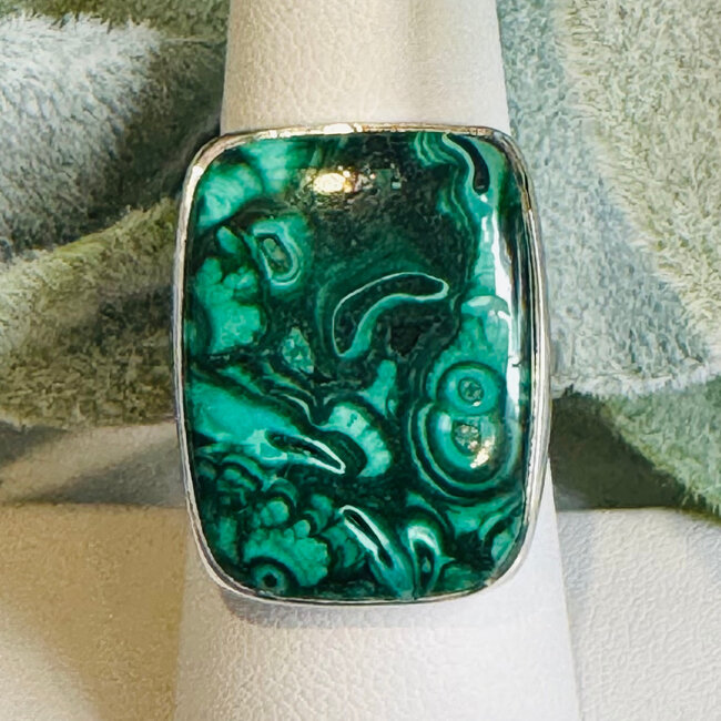 Malachite Rings - Rectangle Adjustable Bezel Set - Sterling Silver