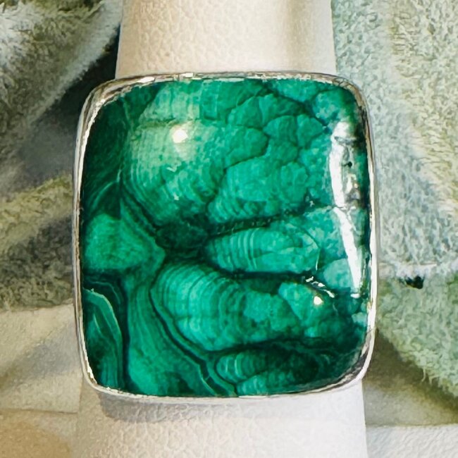 Malachite Rings - Square Adjustable Bezel Set - Sterling Silver