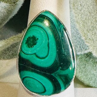 Malachite Rings - Teardrop Pear Adjustable Bezel Set - Sterling Silver
