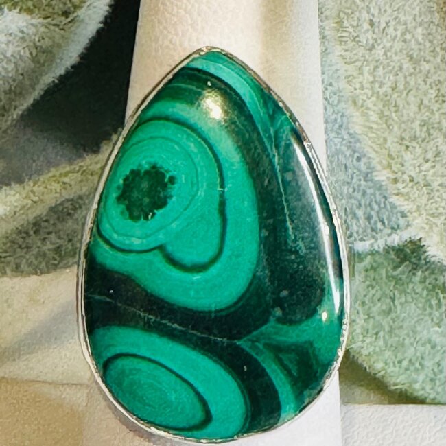 Malachite Rings - Teardrop Pear Adjustable Bezel Set - Sterling Silver