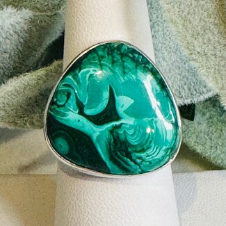 Malachite Rings - Triangle (Rounded Edges) Adjustable Bezel Set - Sterling Silver