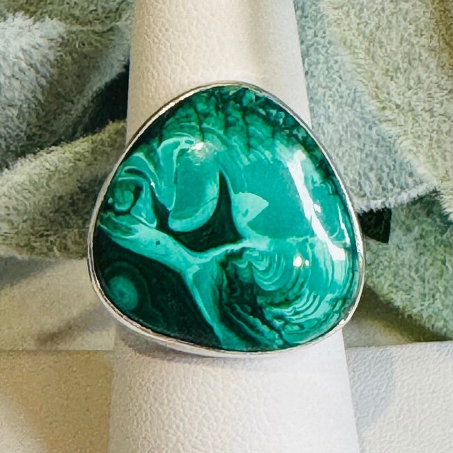 Malachite Rings - Triangle (Rounded Edges) Adjustable Bezel Set - Sterling Silver
