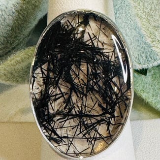 Black Tourmaline in Clear Quartz Rings - Oval Adjustable Rough Raw Natural - Bezel Set Sterling Silver - Black Tourmaline in Clear Quartz (Tourmalated Tourmalinated Rutilated Quartz)