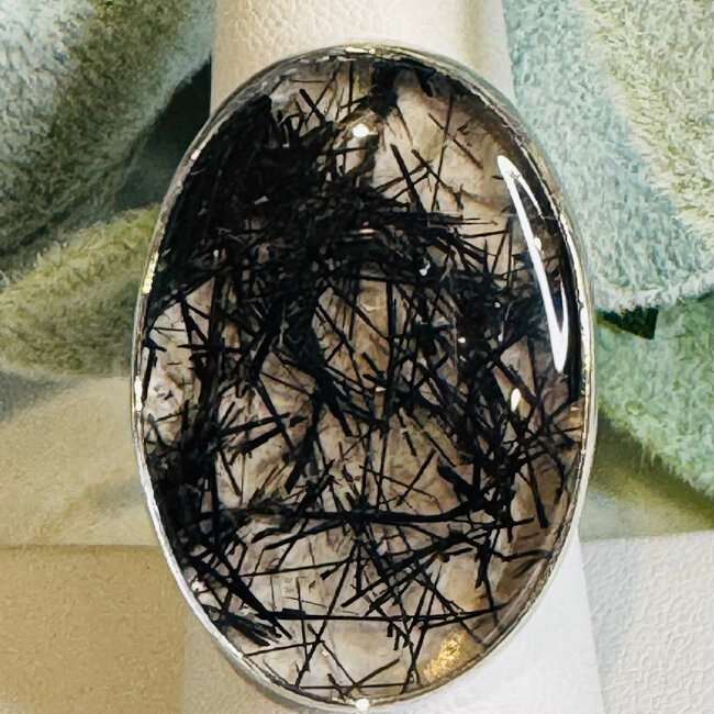 Black Tourmaline in Clear Quartz Rings - Oval Adjustable Rough Raw Natural - Bezel Set Sterling Silver - Black Tourmaline in Clear Quartz (Tourmalated Tourmalinated Rutilated Quartz)