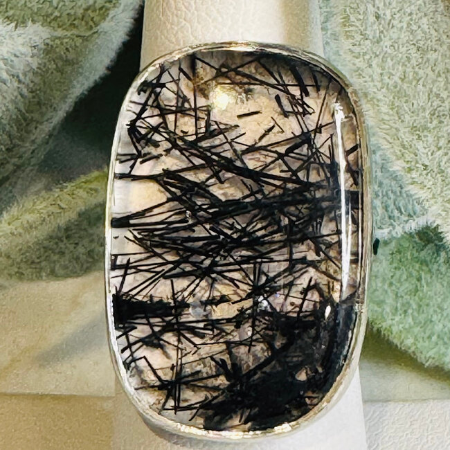 Black Tourmaline in Clear Quartz Rings - Rectangle Adjustable Rough Raw Natural - Bezel Set Sterling Silver - Black Tourmaline in Clear Quartz (Tourmalated Tourmalinated Rutilated Quartz)