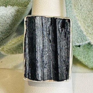 Black Tourmaline Rings - Rectangle Adjustable Rough Raw Natural - Bezel Set Sterling Silver