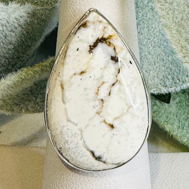 White Howlite (Magnesite) Rings - Teardrop Pear Adjustable Bezel Set - Sterling Silver