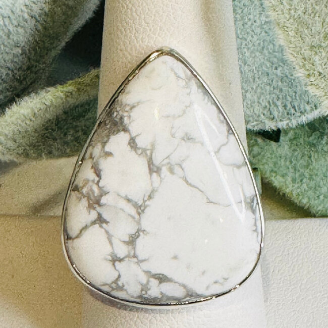 White Howlite (Magnesite) Rings - Teardrop Pear Adjustable Bezel Set - Sterling Silver