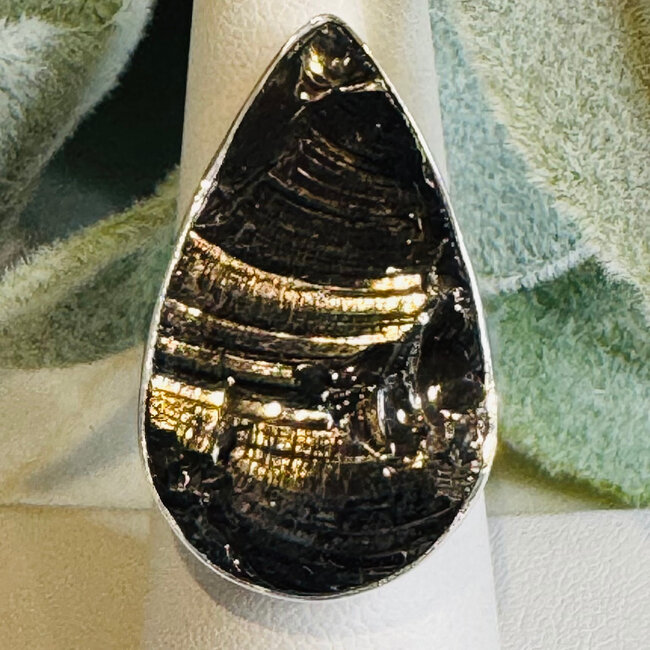 Shungite Rings - Teardrop Pear Adjustable Rough Raw Natural - Bezel Set Sterling Silver