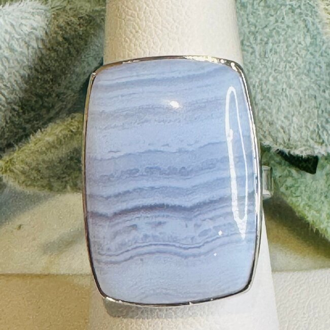 Blue Lace Agate Rings - Rectangle Adjustable Bezel Set - Sterling Silver