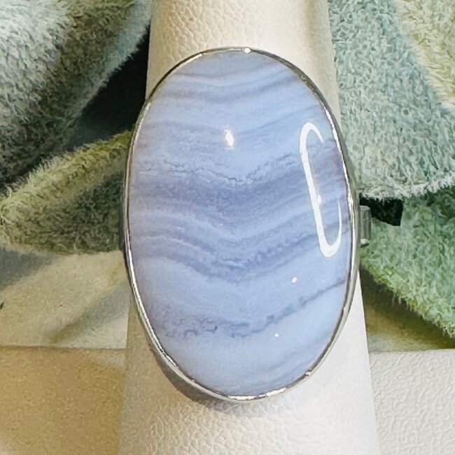 Blue Lace Agate Rings - Oval Adjustable Bezel Set - Sterling Silver