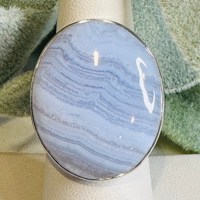 Blue Lace Agate Rings - Round Adjustable Bezel Set - Sterling Silver