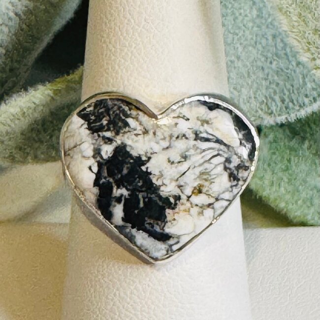 White Buffalo Turquoise Rings - Heart Adjustable Bezel Set - Sterling Silver
