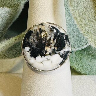 White Buffalo Turquoise Rings - Round Adjustable Bezel Set - Sterling Silver