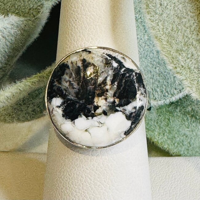 White Buffalo Turquoise Rings - Round Adjustable Bezel Set - Sterling Silver