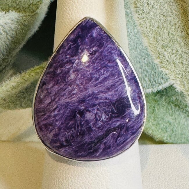 Charoite Rings - Teardrop Pear Adjustable Bezel Set - Sterling Silver