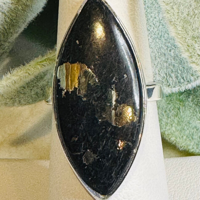 Apache Gold Pyrite Rings - Size 7 Marquise Bezel Set - Sterling Silver