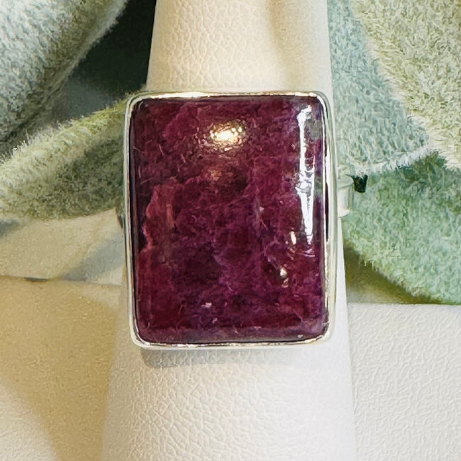 Deep Ruby Zoisite Rings - Rectangle Adjustable Bezel Set - Sterling Silver