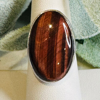 Red Tigers Eye Rings - Oval Adjustable Bezel Set - Sterling Silver