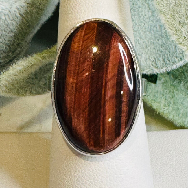 Red Tigers Eye Rings - Oval Adjustable Bezel Set - Sterling Silver
