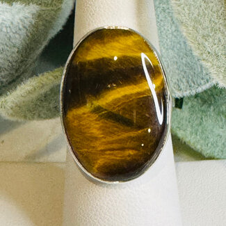 Gold Tigers Eye Rings - Oval Adjustable Bezel Set - Sterling Silver